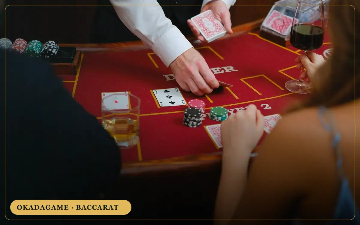 OKADAGAME baccarat – dealer and players at a card table with chips