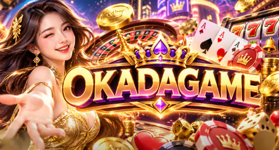 OKADAGAME online casino banner with roulette, slots, cards, chips and gold coins