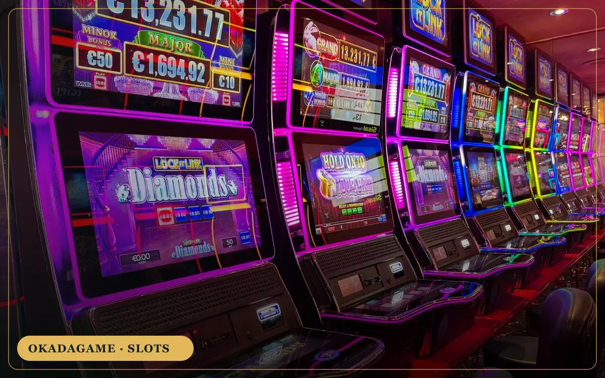 OKADAGAME slots – row of neon slot machines with jackpot displays